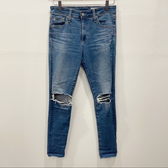 AG The Farrah Skinny Ankle High-Rise Jeans Blown Out Knee Raw Hem Size 28R - Picture 1 of 10
